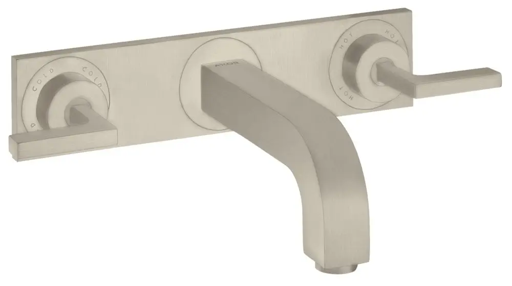 Waschtischarmatur von AXOR mit zwei Hebelgriffen für die Steuerung von kaltem und warmem Wasser, unterputz montiert und mit einem gebürsteten Nickel-Finish.